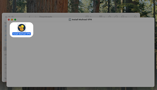 The opened dmg file with a Install Mullvad VPN file highlighted, which would open the Mullvad VPN loader.
