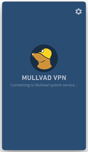 The Mullvad VPN app, showing the error message Connecting to Mullvad system service...